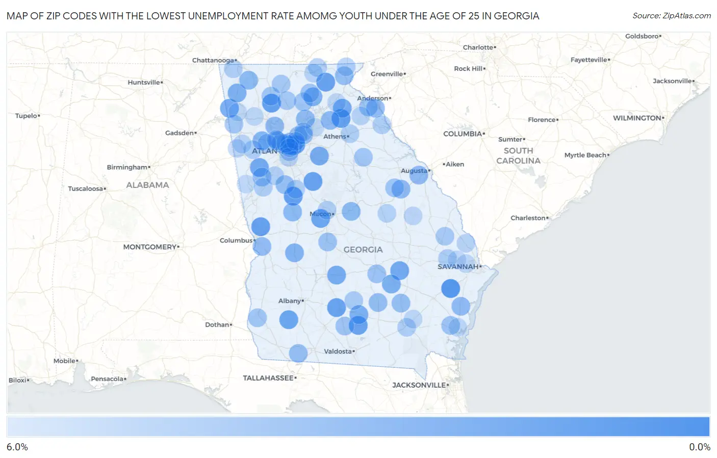 Zip Codes with the Lowest Unemployment Rate Amomg Youth Under the Age of 25 in Georgia Map