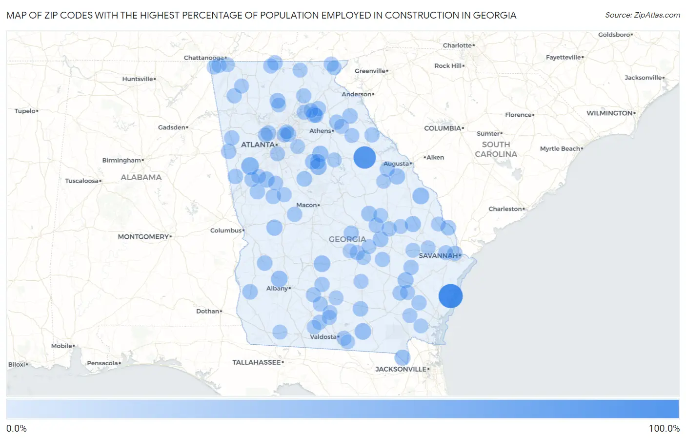 Zip Codes with the Highest Percentage of Population Employed in Construction in Georgia Map