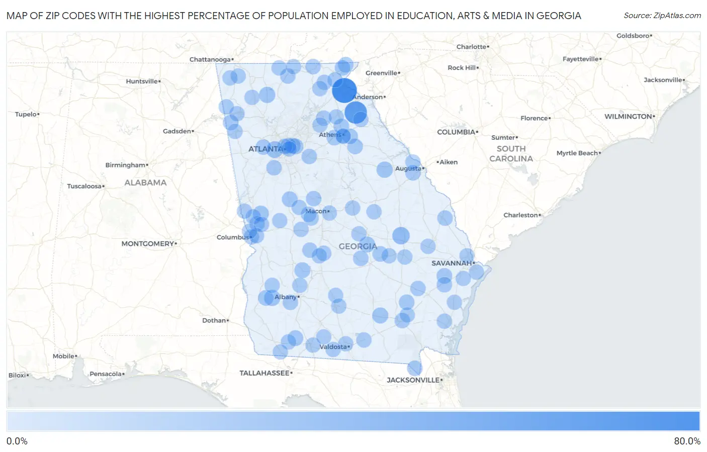 Zip Codes with the Highest Percentage of Population Employed in Education, Arts & Media in Georgia Map
