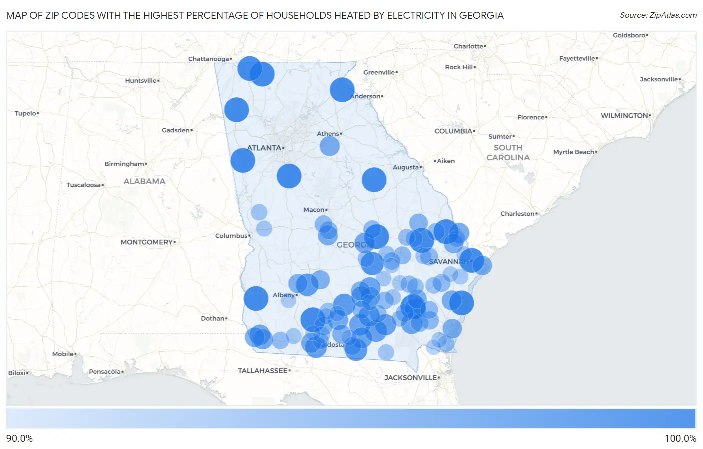 Zip Codes with the Highest Percentage of Households Heated by Electricity in Georgia Map