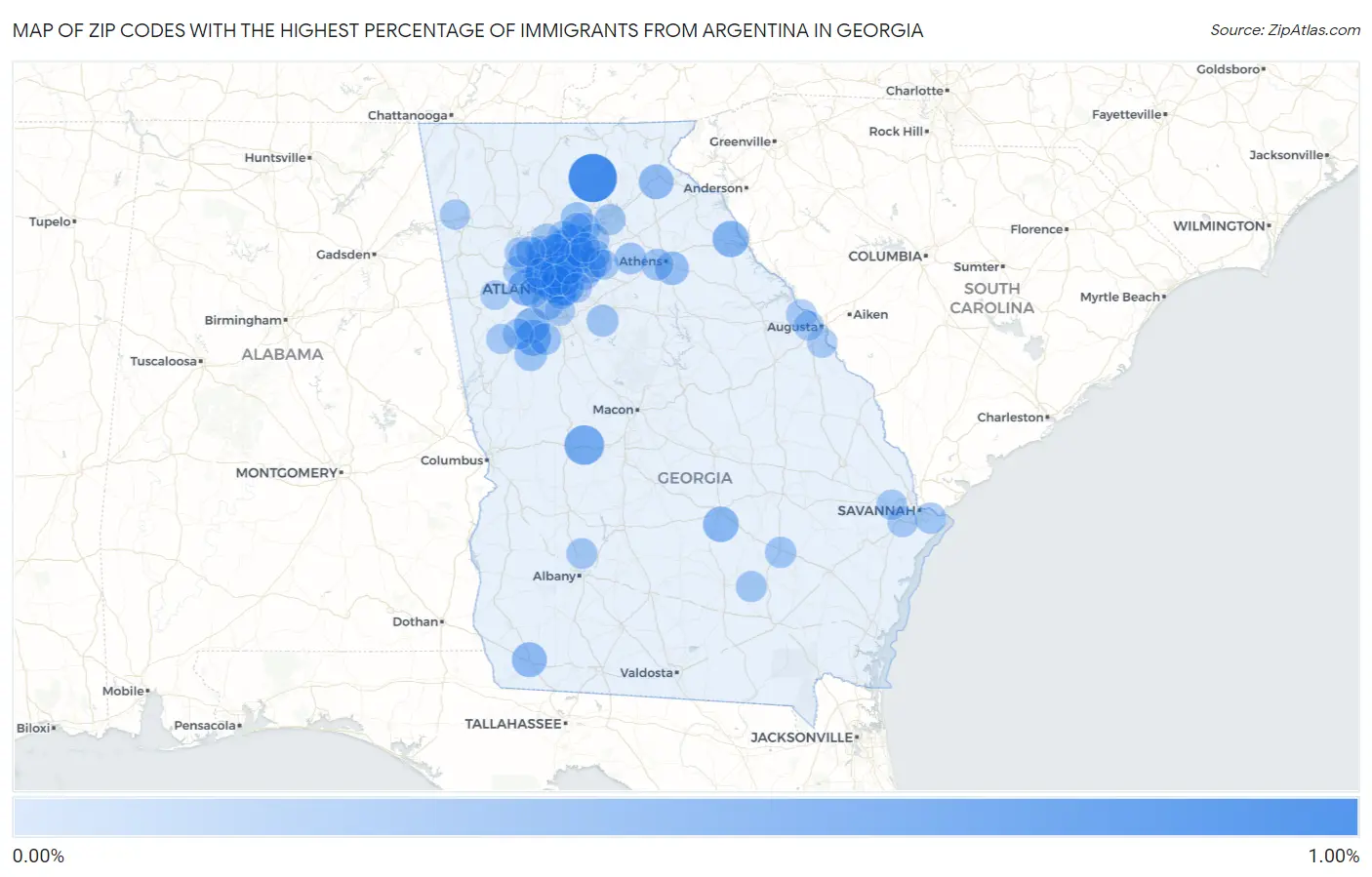 Zip Codes with the Highest Percentage of Immigrants from Argentina in Georgia Map