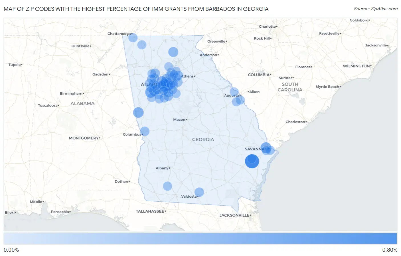 Zip Codes with the Highest Percentage of Immigrants from Barbados in Georgia Map