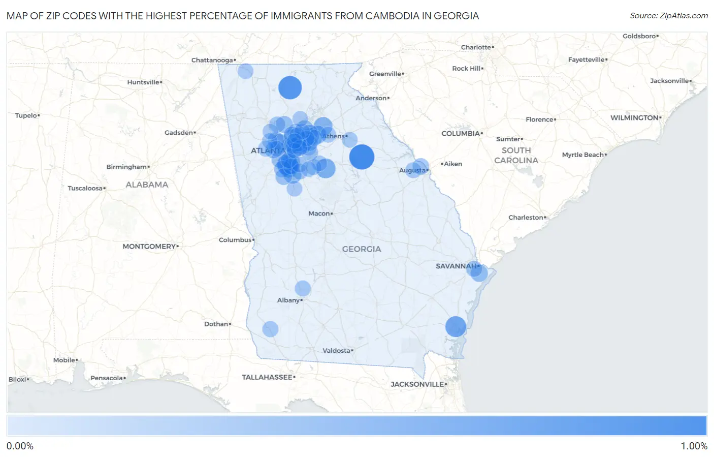 Zip Codes with the Highest Percentage of Immigrants from Cambodia in Georgia Map