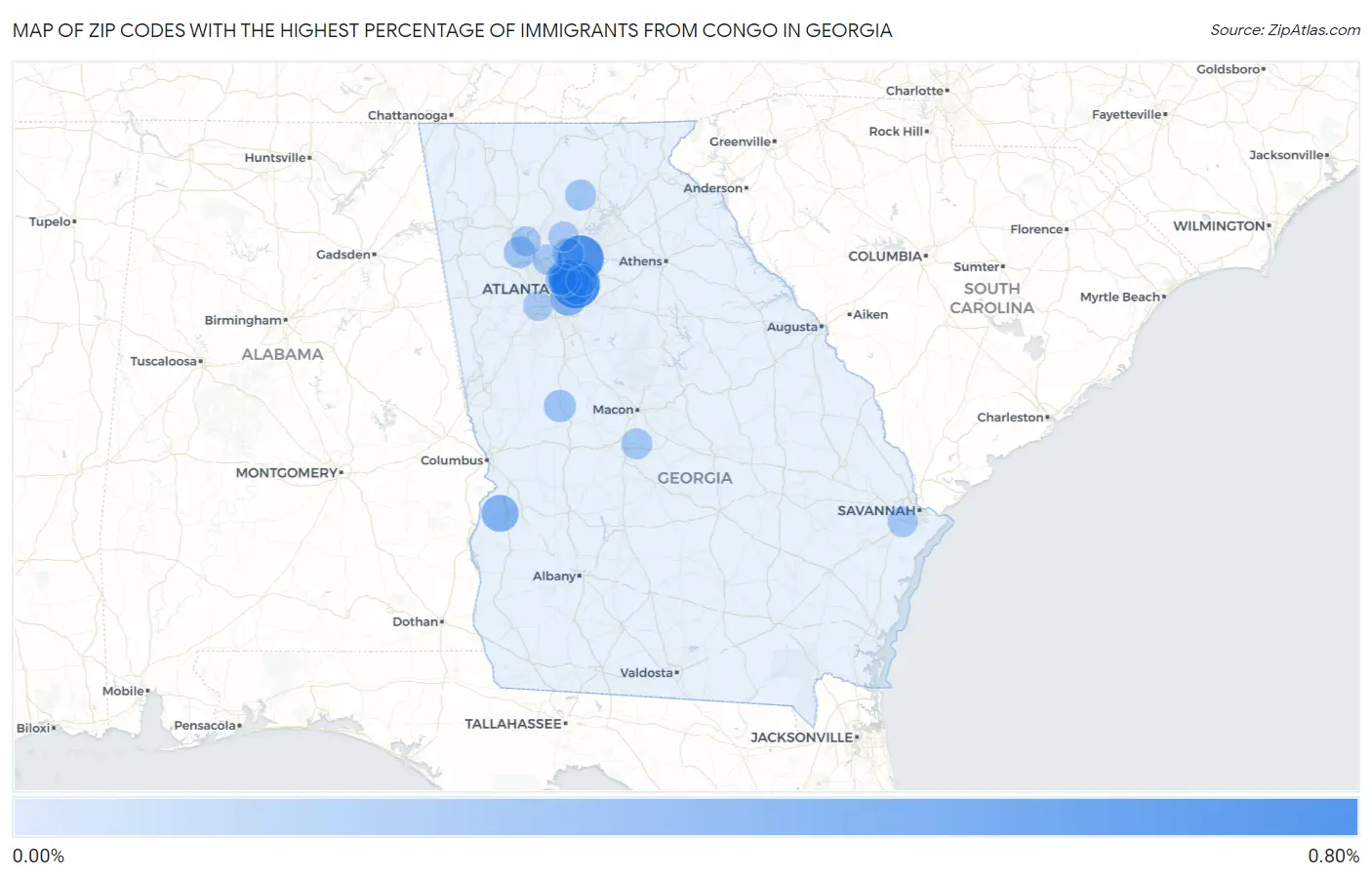 Zip Codes with the Highest Percentage of Immigrants from Congo in Georgia Map