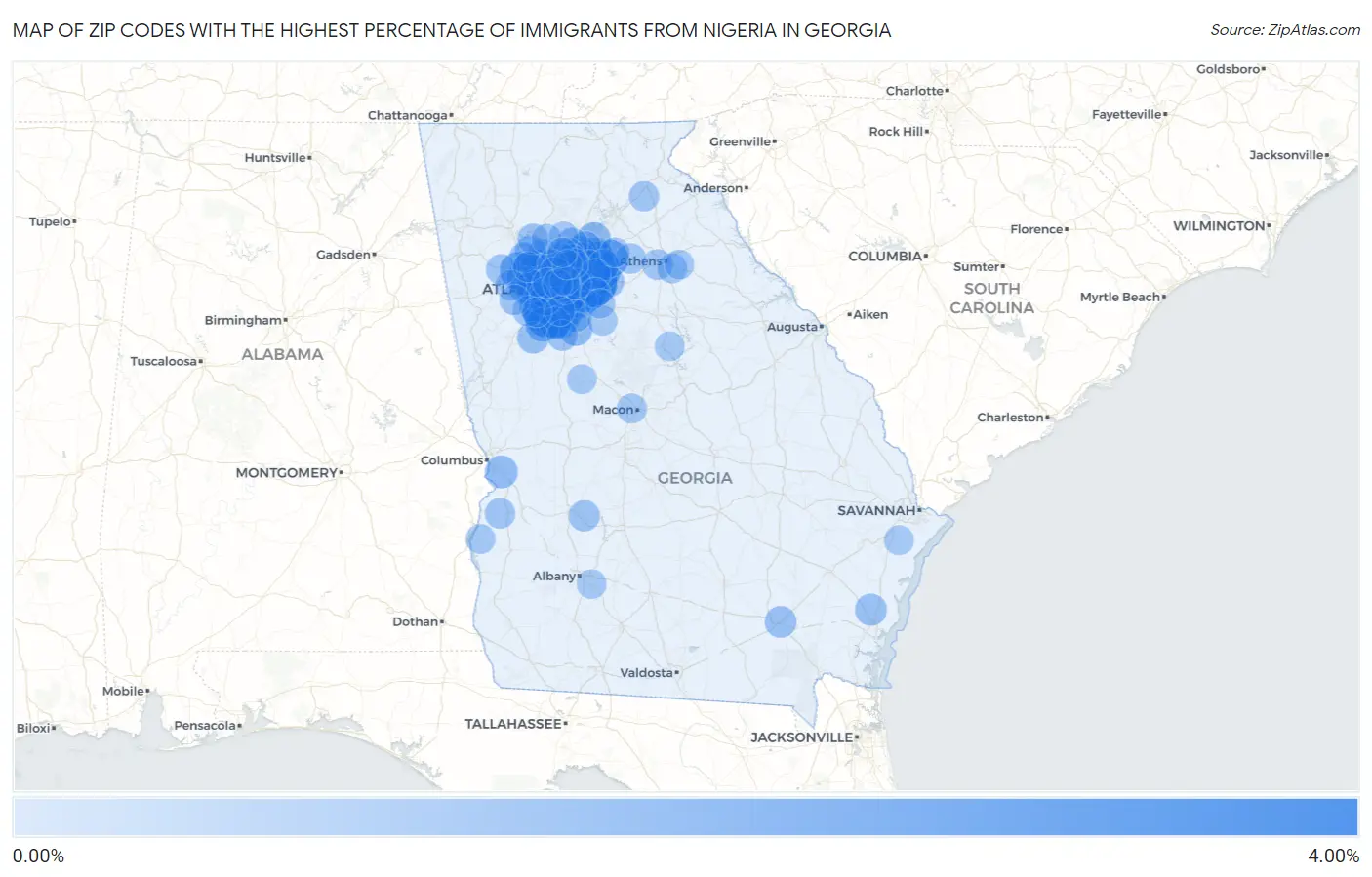 Zip Codes with the Highest Percentage of Immigrants from Nigeria in Georgia Map