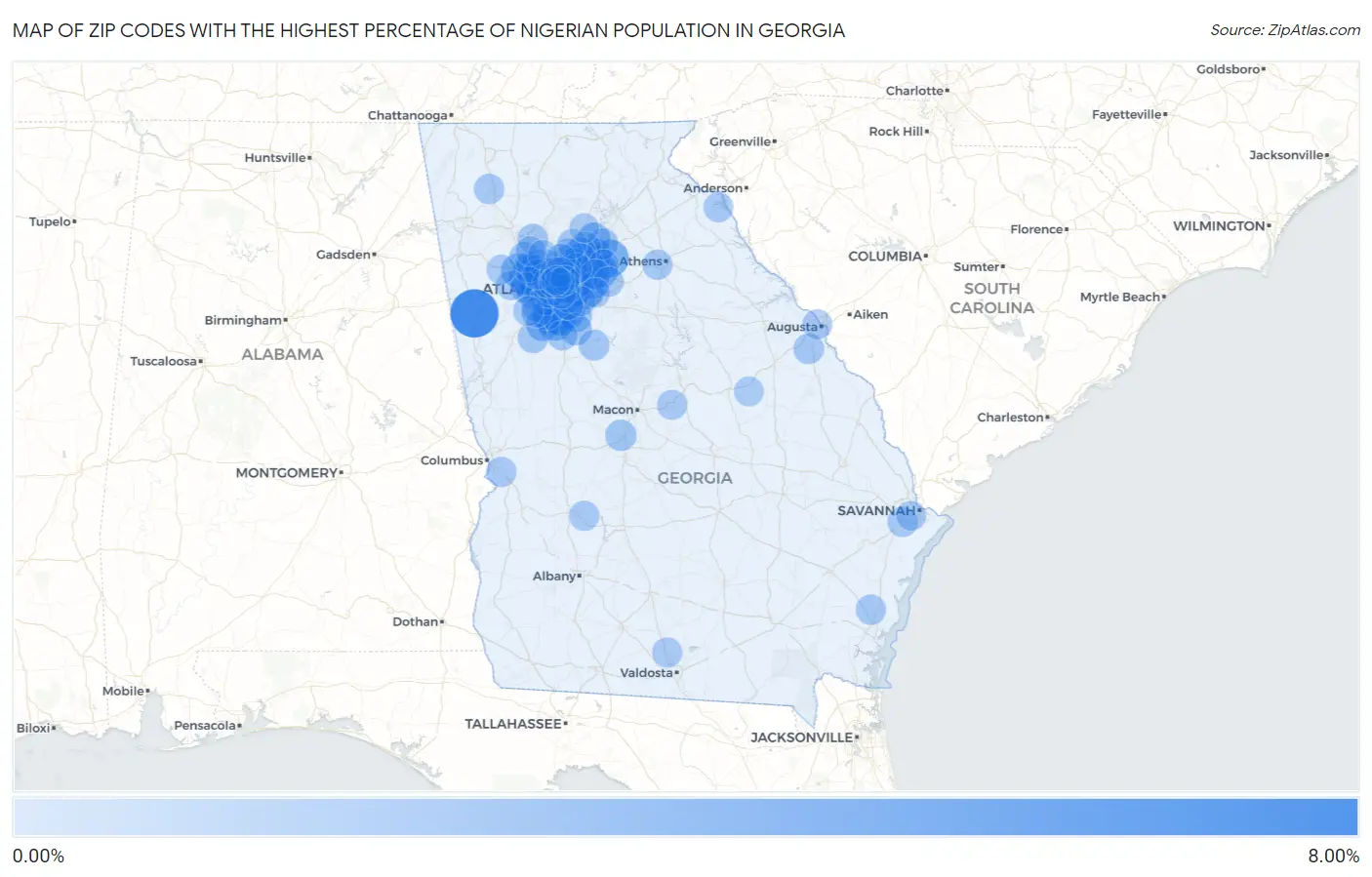 Zip Codes with the Highest Percentage of Nigerian Population in Georgia Map