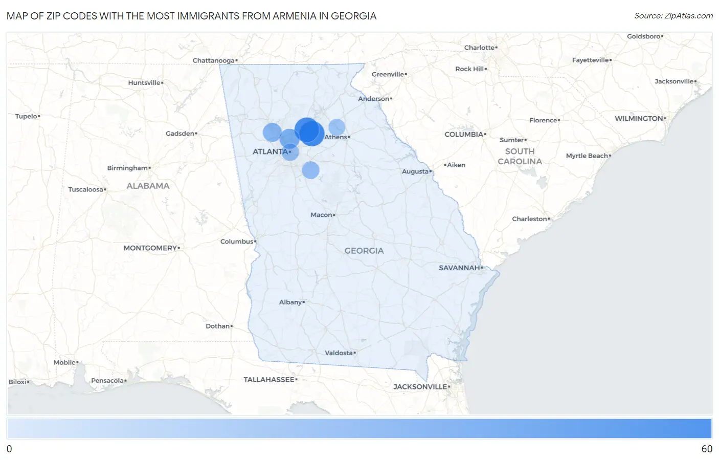 Zip Codes with the Most Immigrants from Armenia in Georgia Map