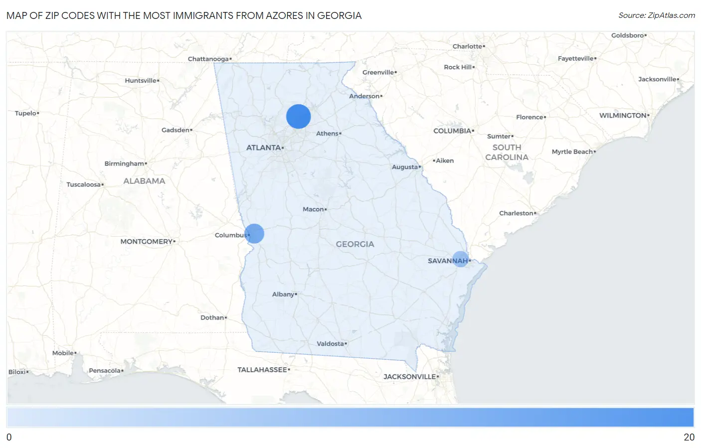 Zip Codes with the Most Immigrants from Azores in Georgia Map