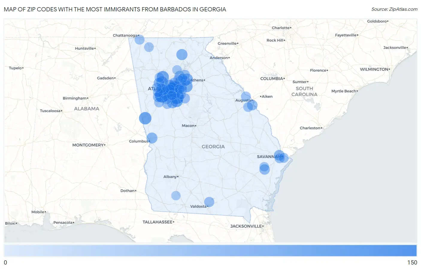 Zip Codes with the Most Immigrants from Barbados in Georgia Map