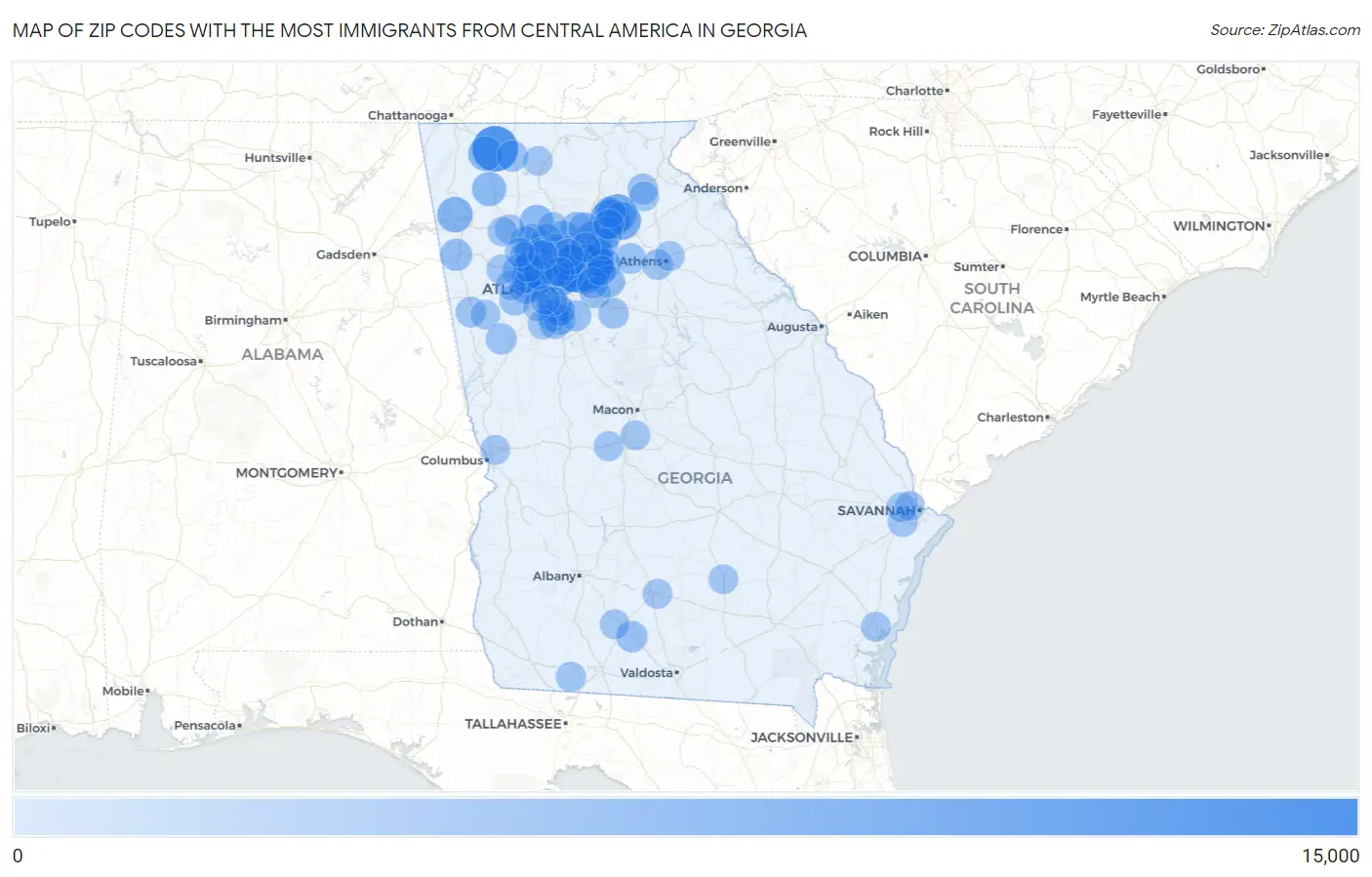 Zip Codes with the Most Immigrants from Central America in Georgia Map