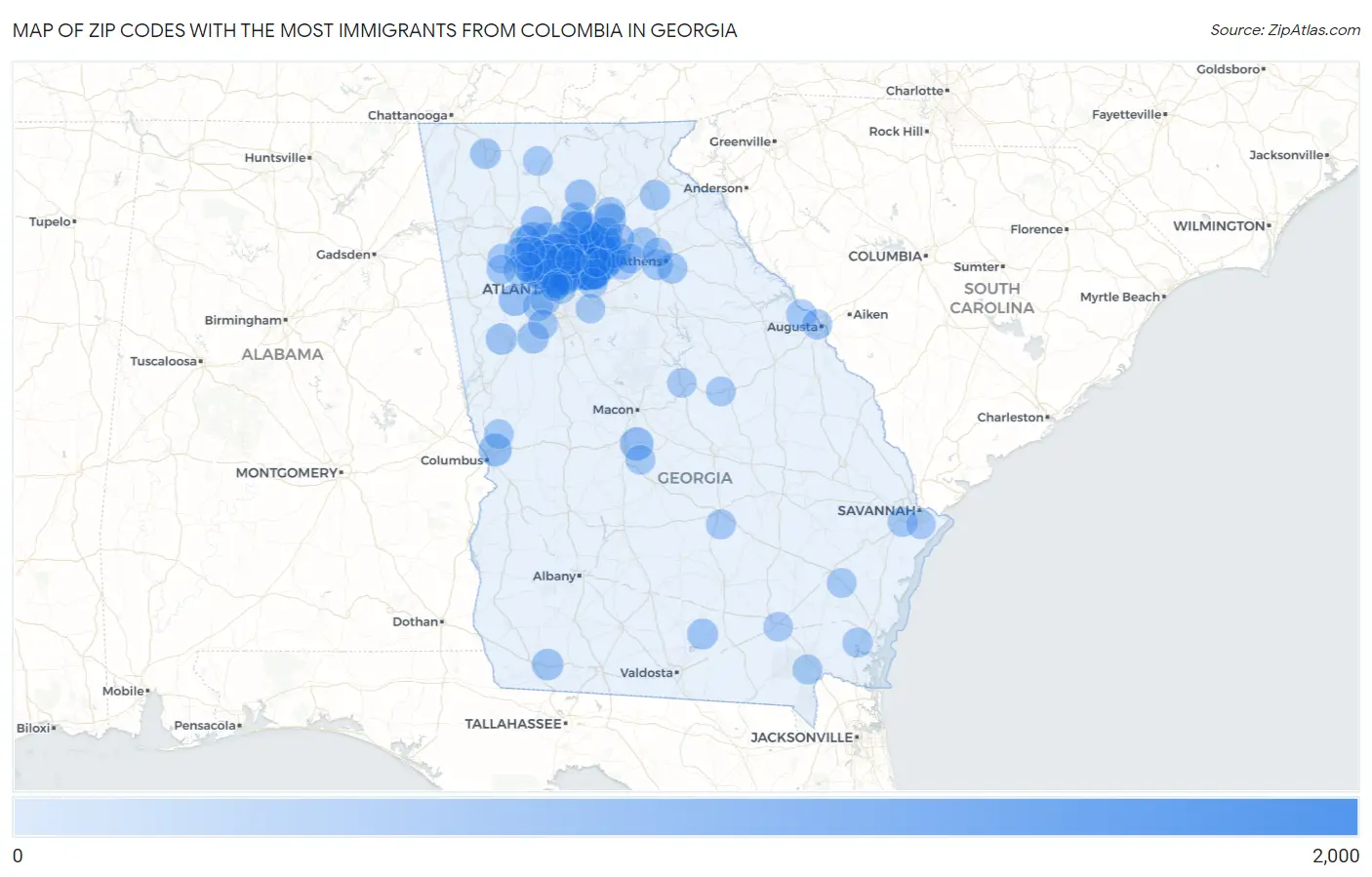 Zip Codes with the Most Immigrants from Colombia in Georgia Map