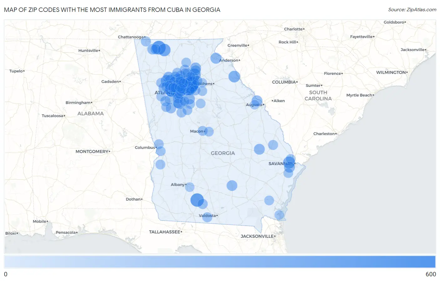 Zip Codes with the Most Immigrants from Cuba in Georgia Map