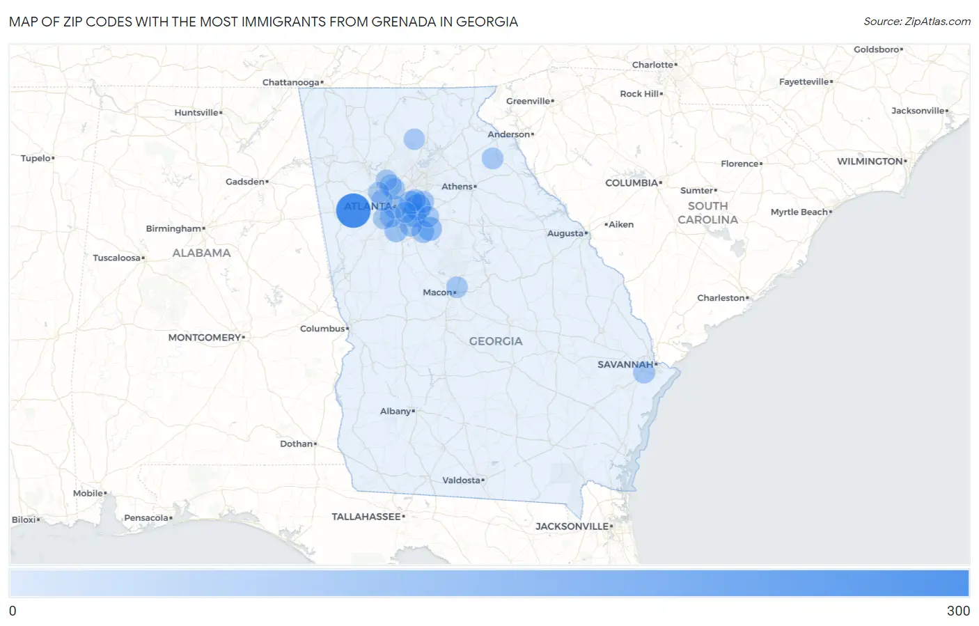 Zip Codes with the Most Immigrants from Grenada in Georgia Map