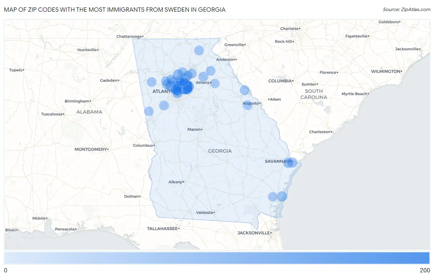 Zip Codes with the Most Immigrants from Sweden in Georgia Map