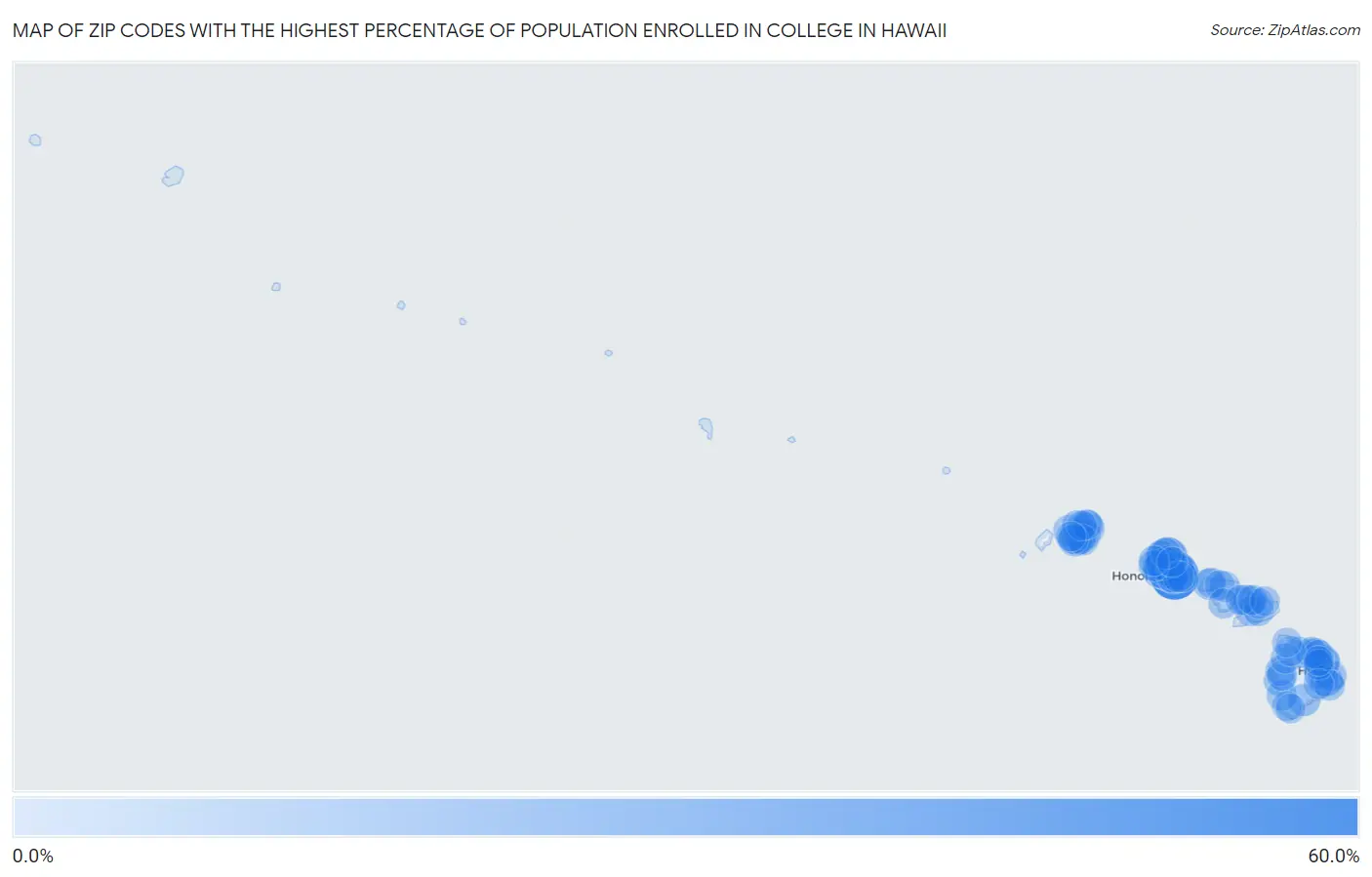 Zip Codes with the Highest Percentage of Population Enrolled in College in Hawaii Map