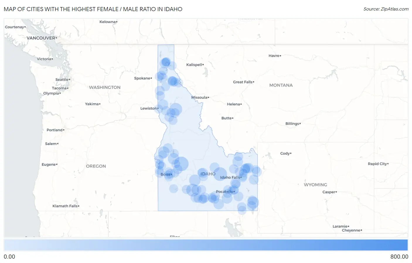 Cities with the Highest Female / Male Ratio in Idaho Map