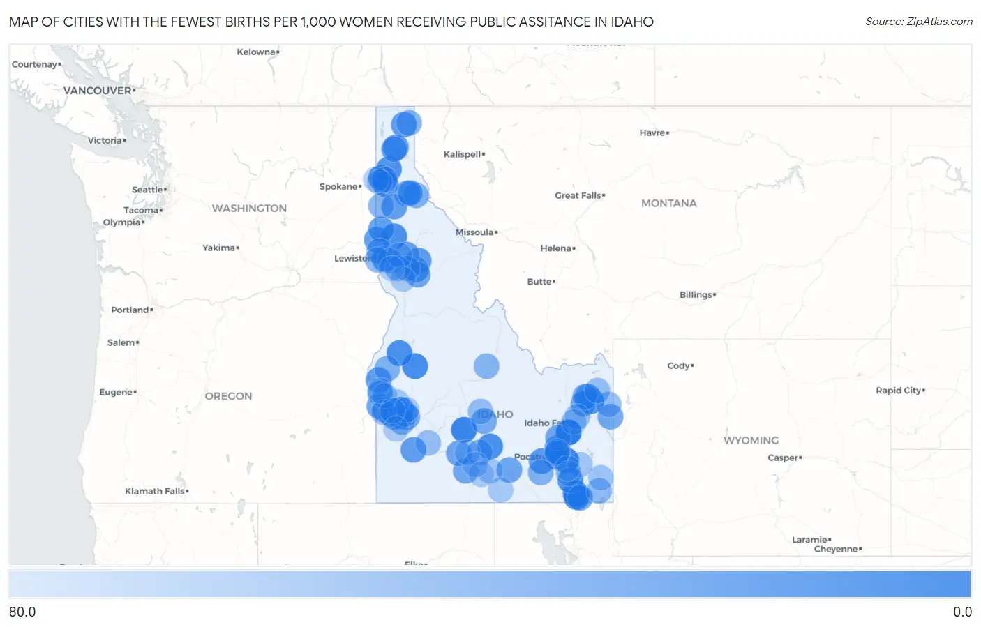 Cities with the Fewest Births per 1,000 Women Receiving Public Assitance in Idaho Map