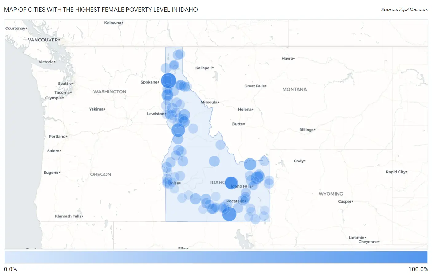 Cities with the Highest Female Poverty Level in Idaho Map