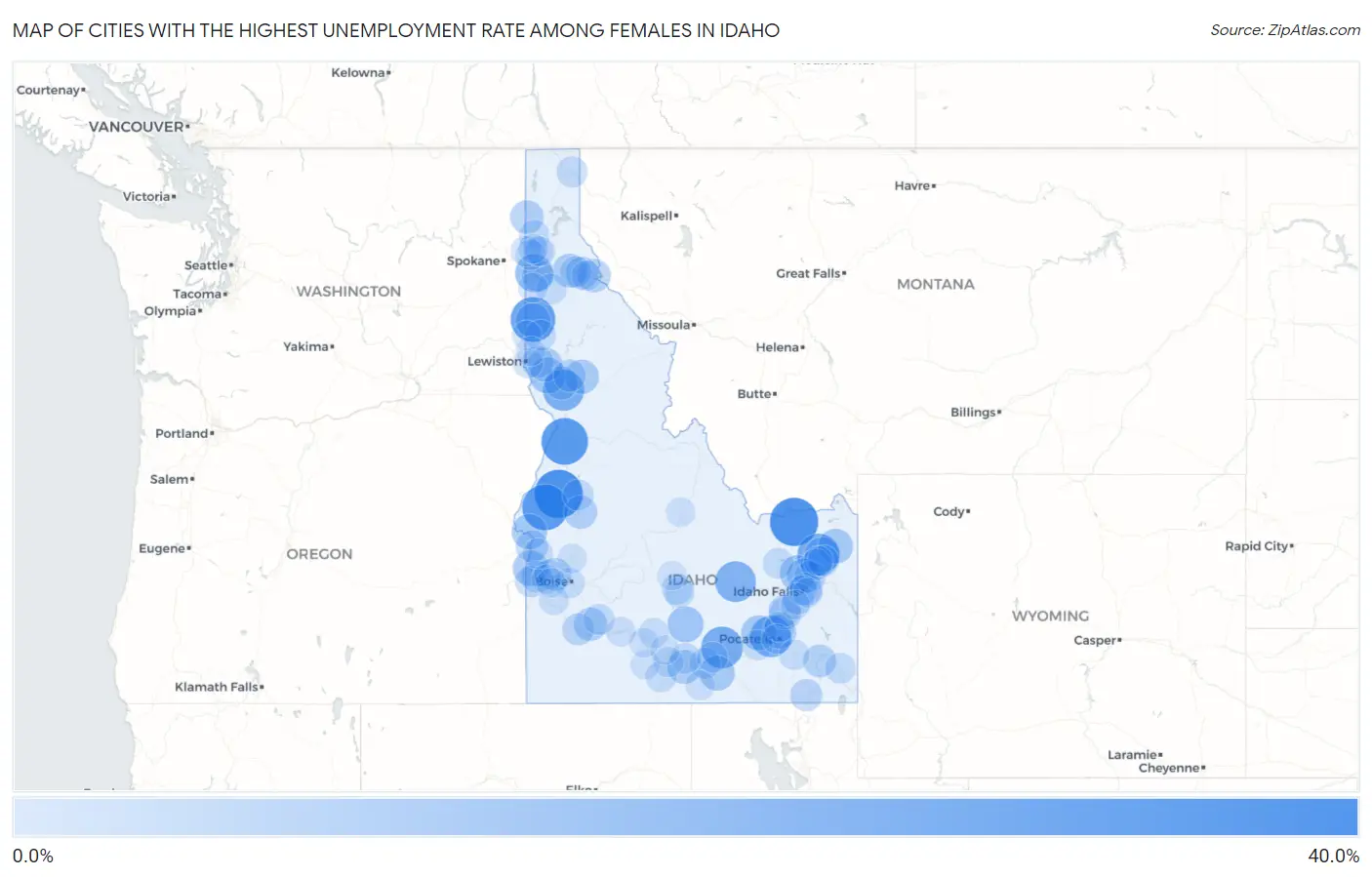 Cities with the Highest Unemployment Rate Among Females in Idaho Map