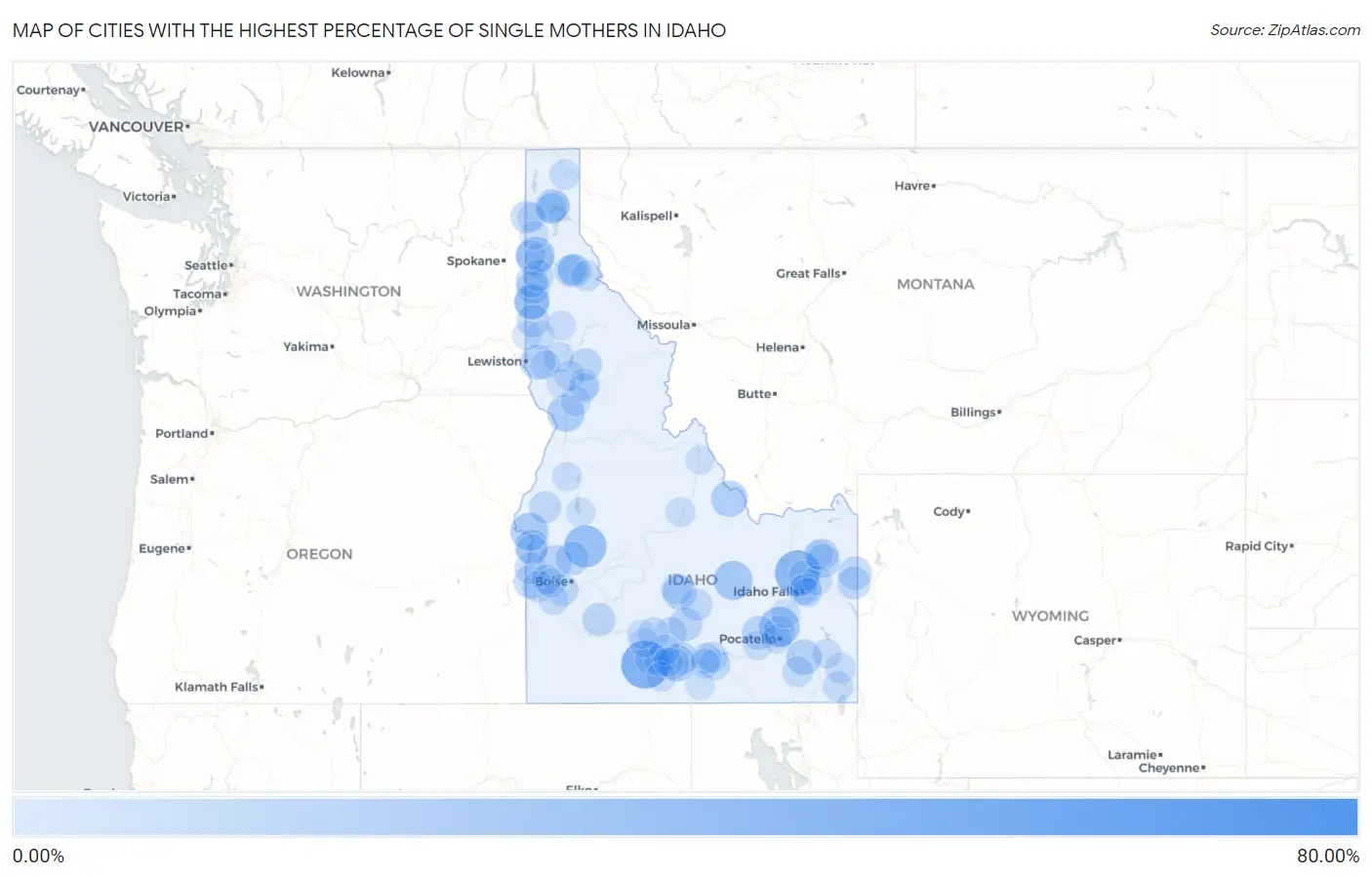 Cities with the Highest Percentage of Single Mothers in Idaho Map