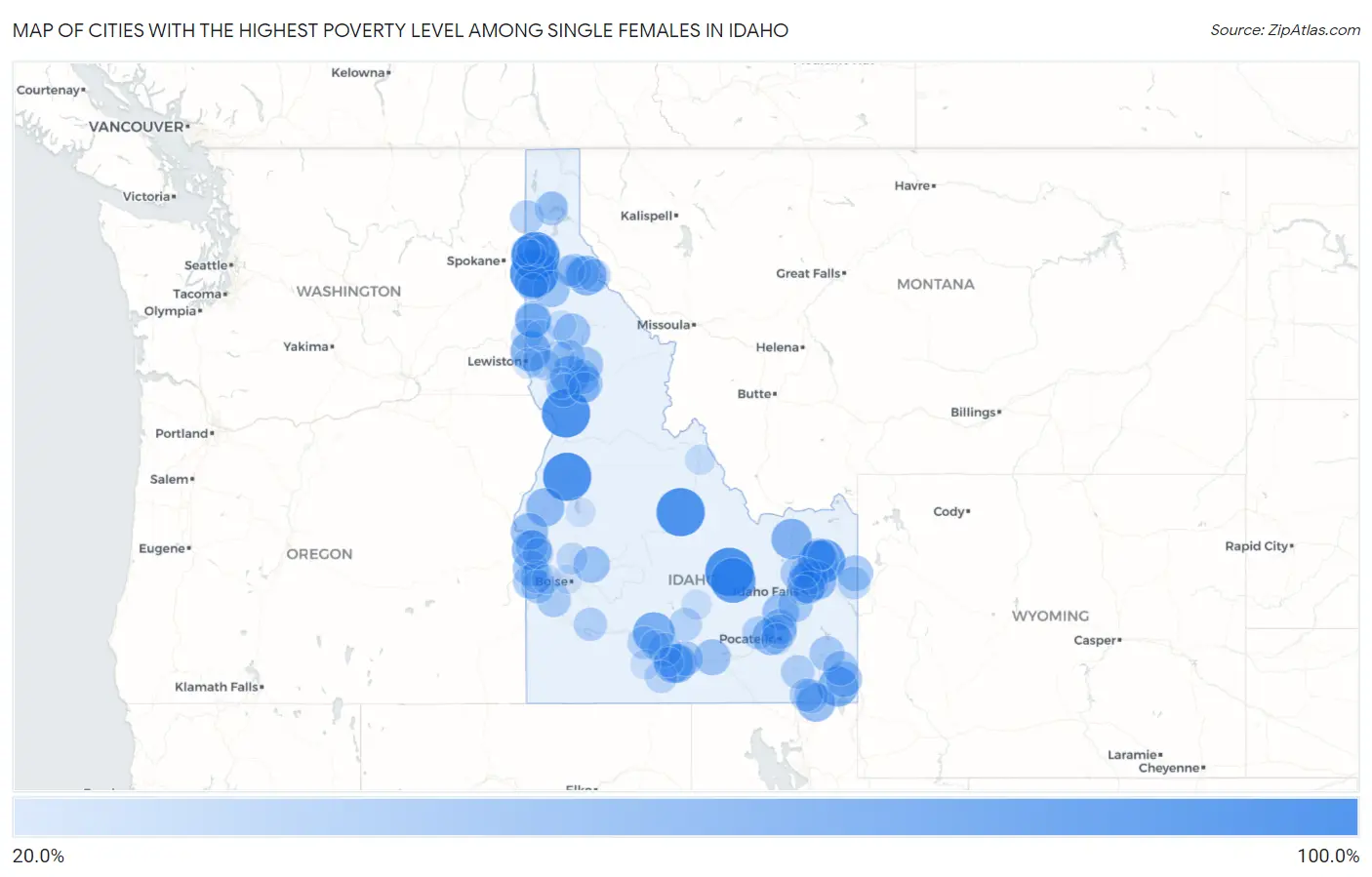 Cities with the Highest Poverty Level Among Single Females in Idaho Map