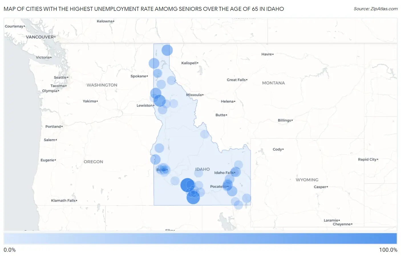 Cities with the Highest Unemployment Rate Amomg Seniors Over the Age of 65 in Idaho Map