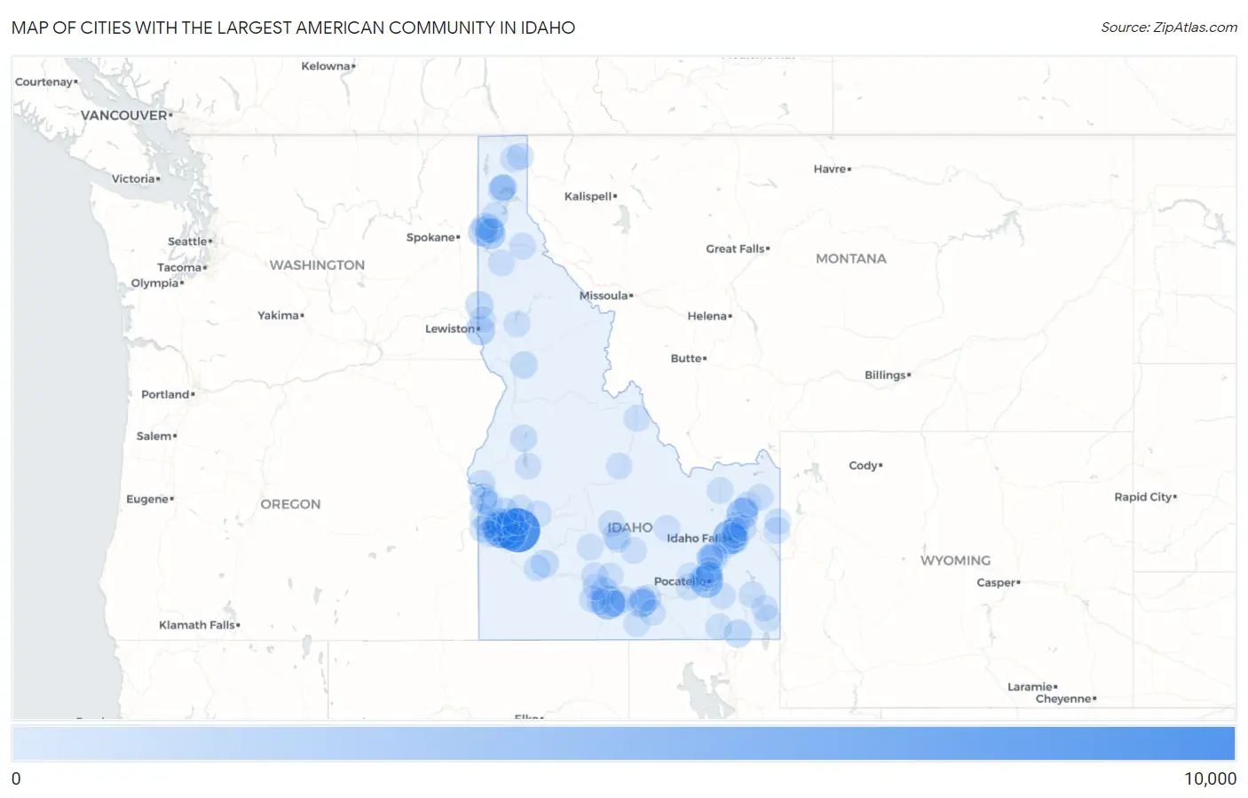 Cities with the Largest American Community in Idaho Map