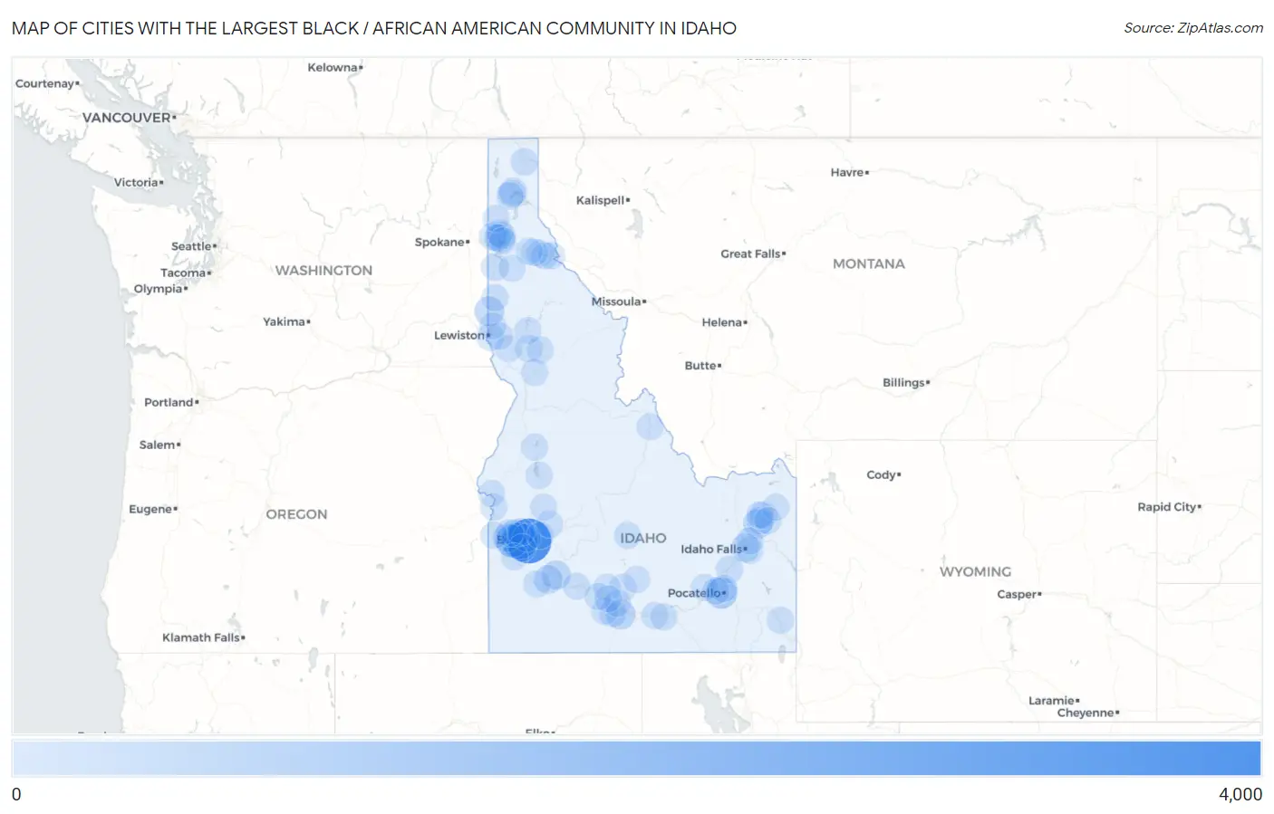 Cities with the Largest Black / African American Community in Idaho Map