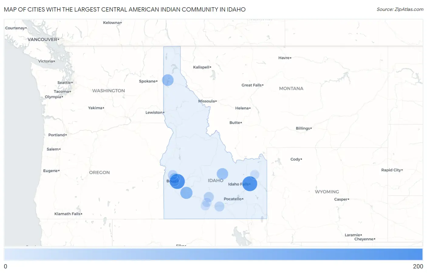 Cities with the Largest Central American Indian Community in Idaho Map