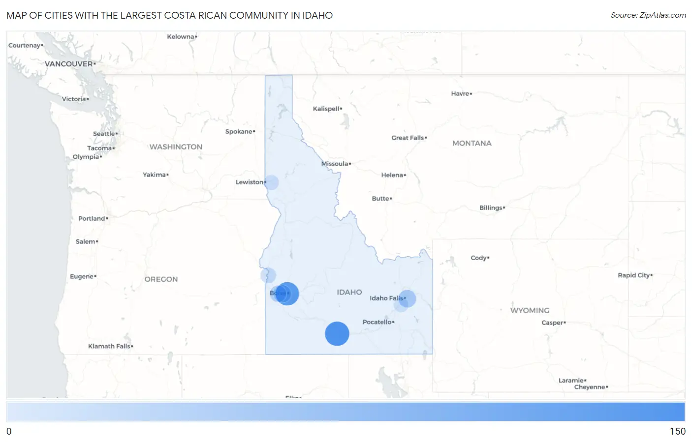 Cities with the Largest Costa Rican Community in Idaho Map