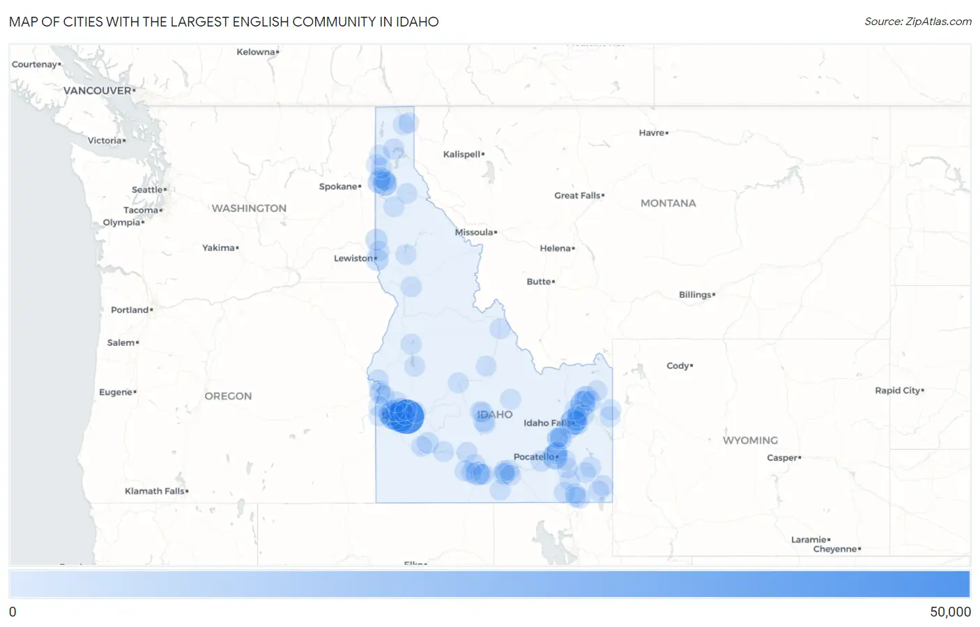 Cities with the Largest English Community in Idaho Map