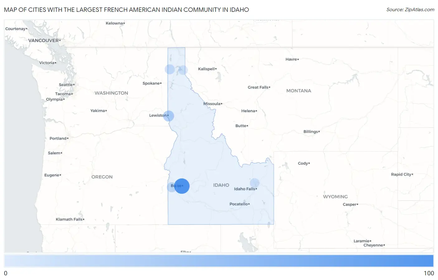 Cities with the Largest French American Indian Community in Idaho Map