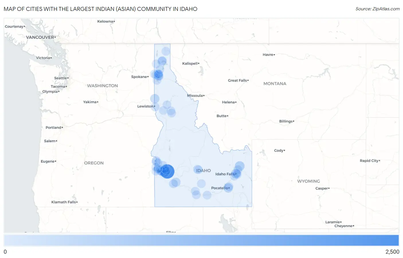Cities with the Largest Indian (Asian) Community in Idaho Map