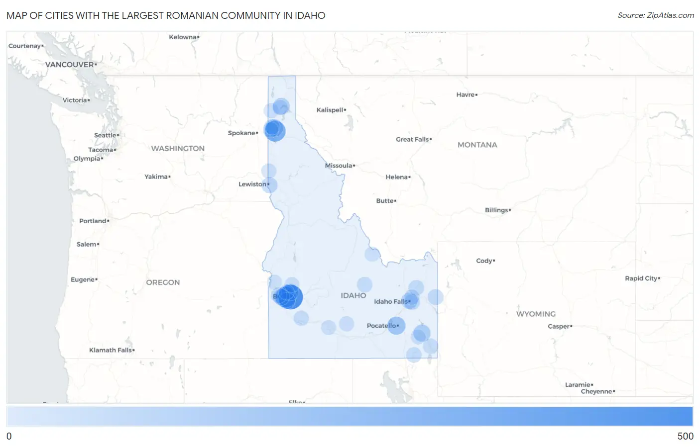 Cities with the Largest Romanian Community in Idaho Map
