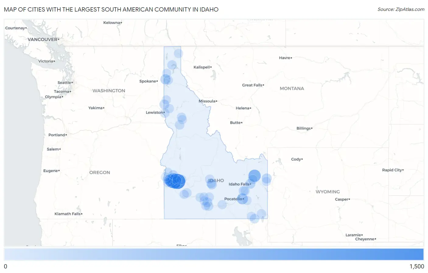 Cities with the Largest South American Community in Idaho Map