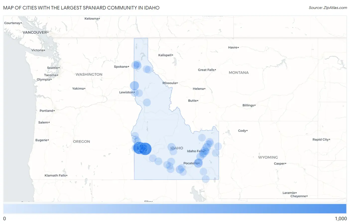 Cities with the Largest Spaniard Community in Idaho Map