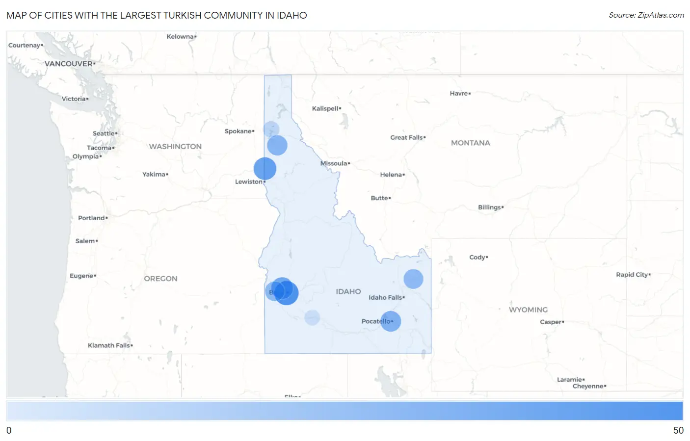 Cities with the Largest Turkish Community in Idaho Map