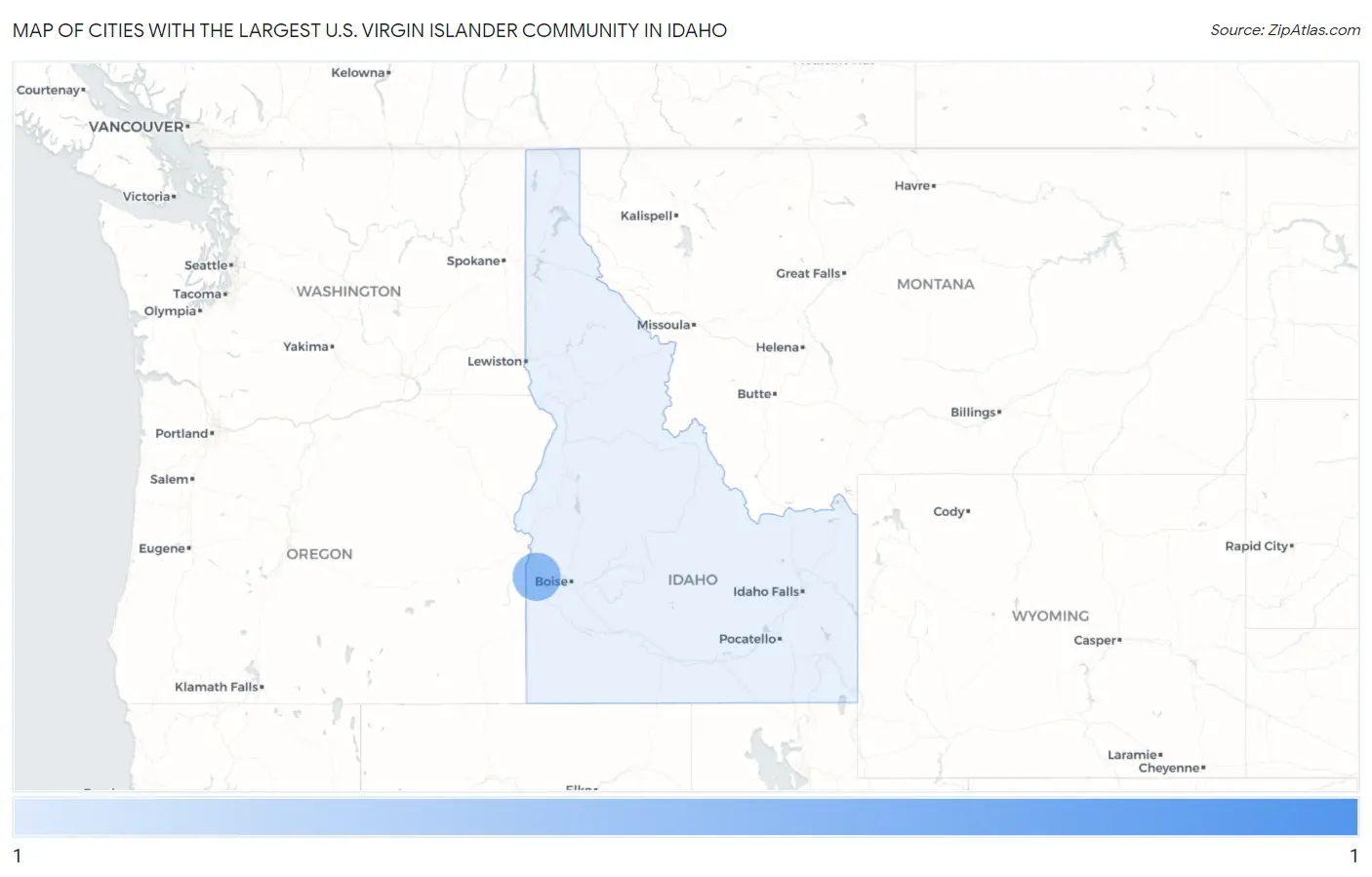 Cities with the Largest U.S. Virgin Islander Community in Idaho Map