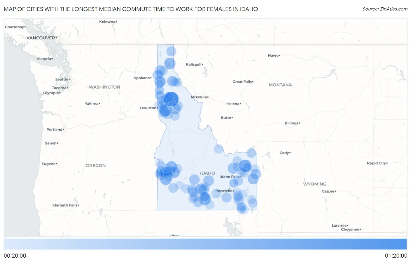 Cities with the Longest Median Commute Time to Work for Females in Idaho Map