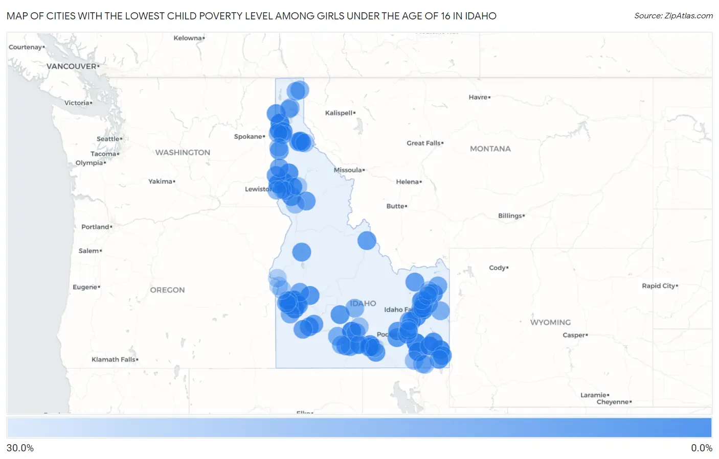 Cities with the Lowest Child Poverty Level Among Girls Under the Age of 16 in Idaho Map