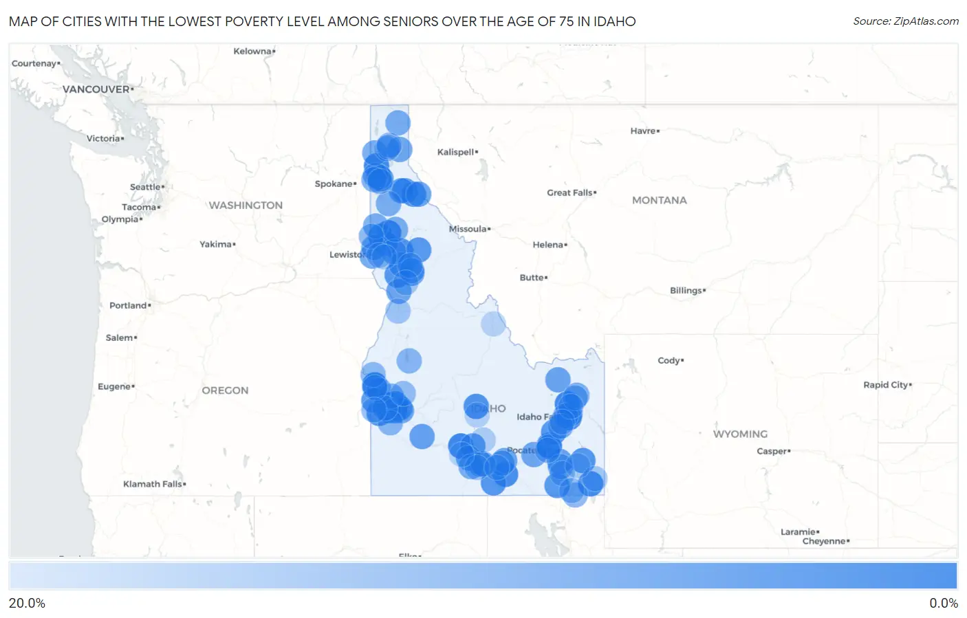 Cities with the Lowest Poverty Level Among Seniors Over the Age of 75 in Idaho Map
