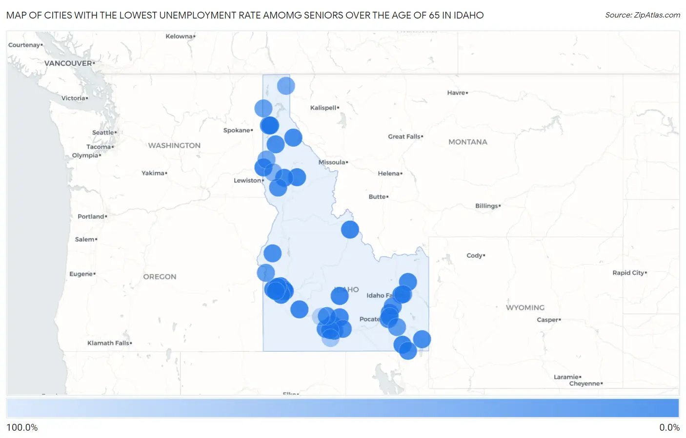 Cities with the Lowest Unemployment Rate Amomg Seniors Over the Age of 65 in Idaho Map
