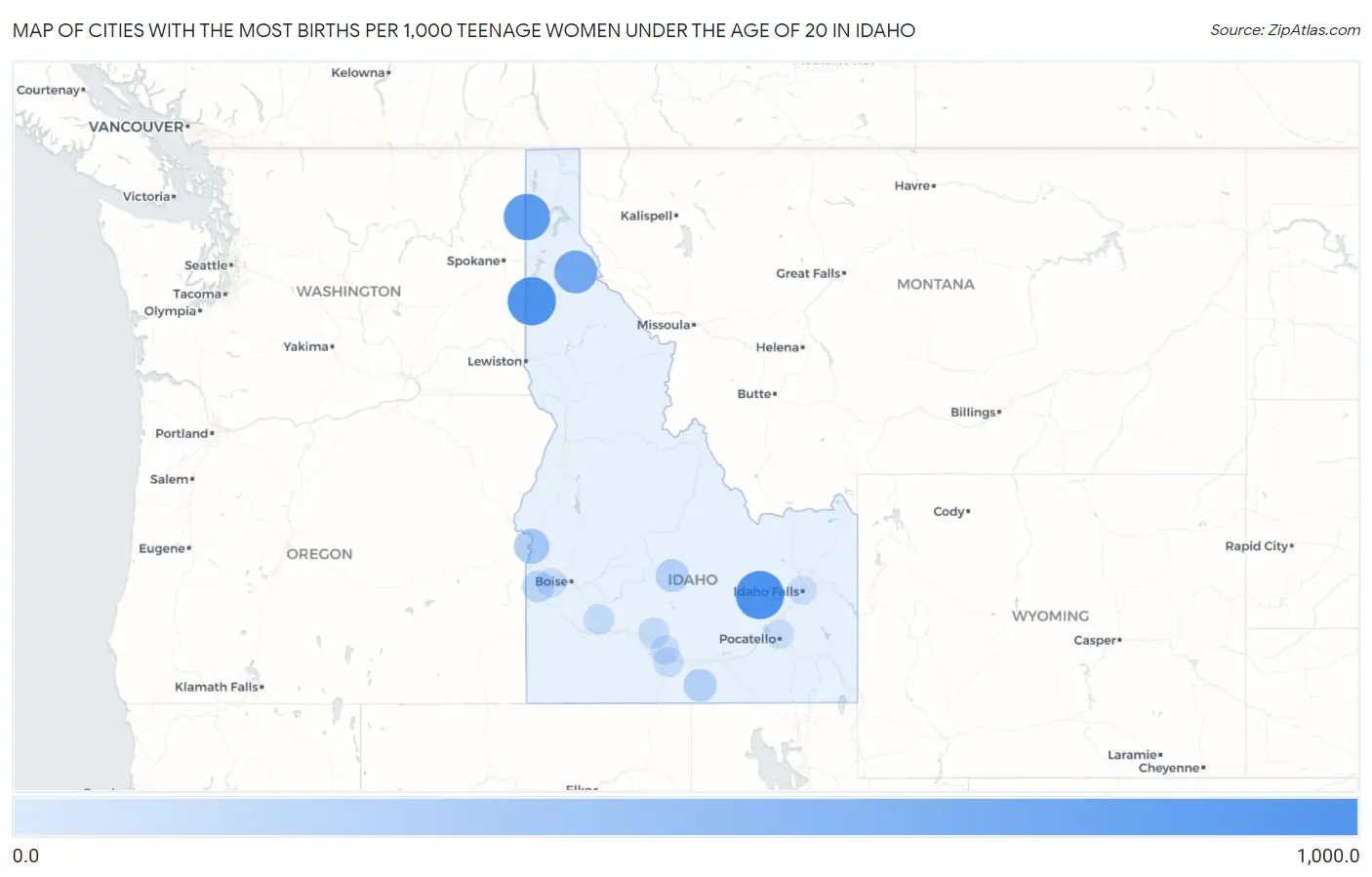 Cities with the Most Births per 1,000 Teenage Women Under the Age of 20 in Idaho Map