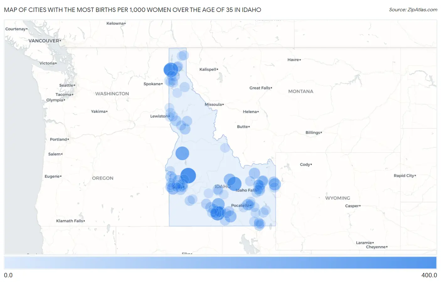 Cities with the Most Births per 1,000 Women Over the Age of 35 in Idaho Map