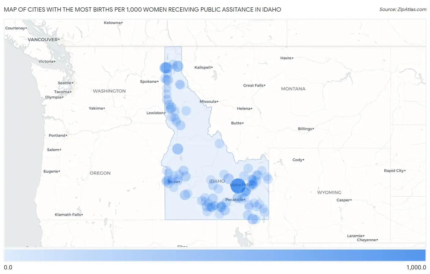 Cities with the Most Births per 1,000 Women Receiving Public Assitance in Idaho Map