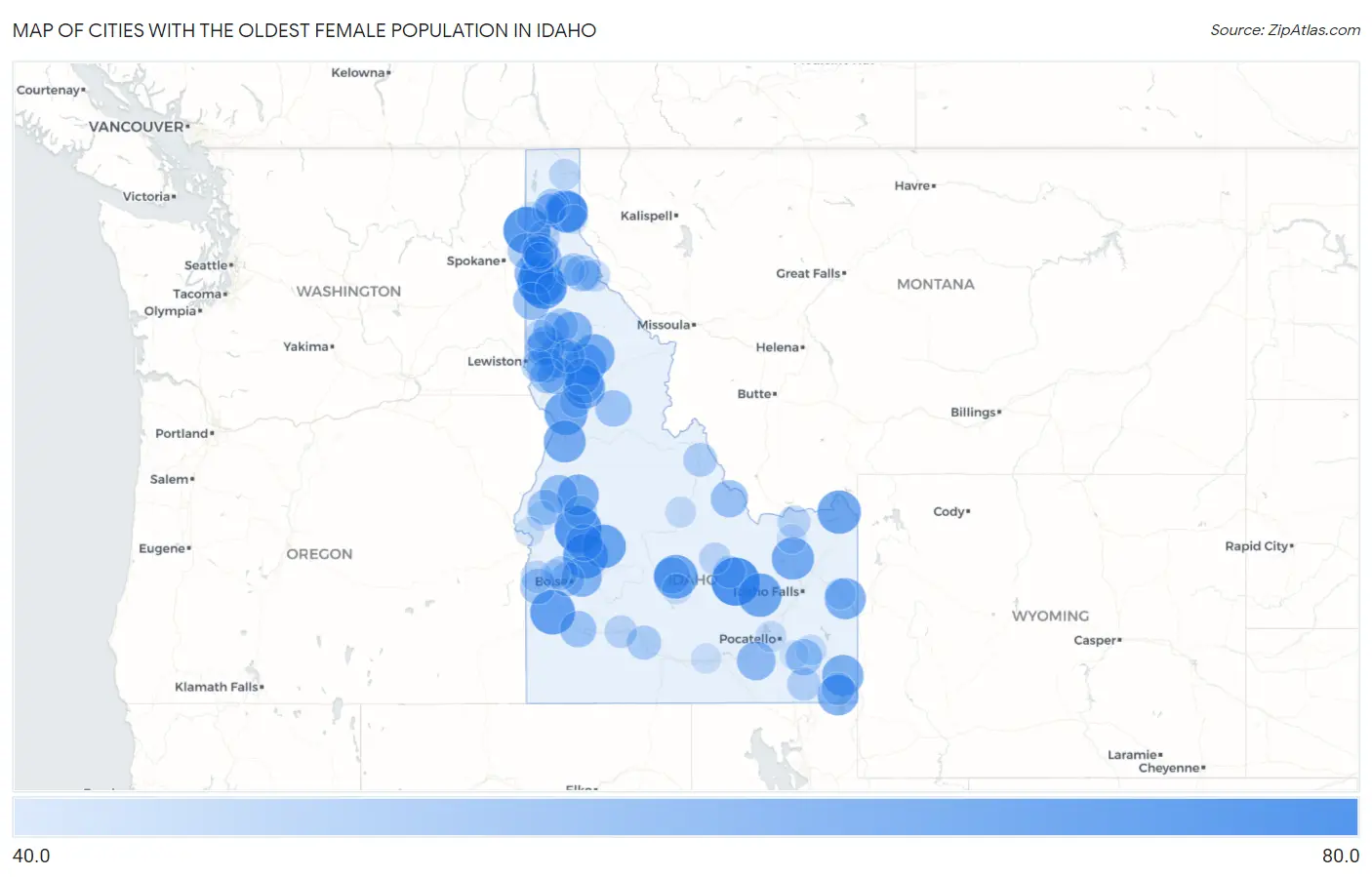 Cities with the Oldest Female Population in Idaho Map