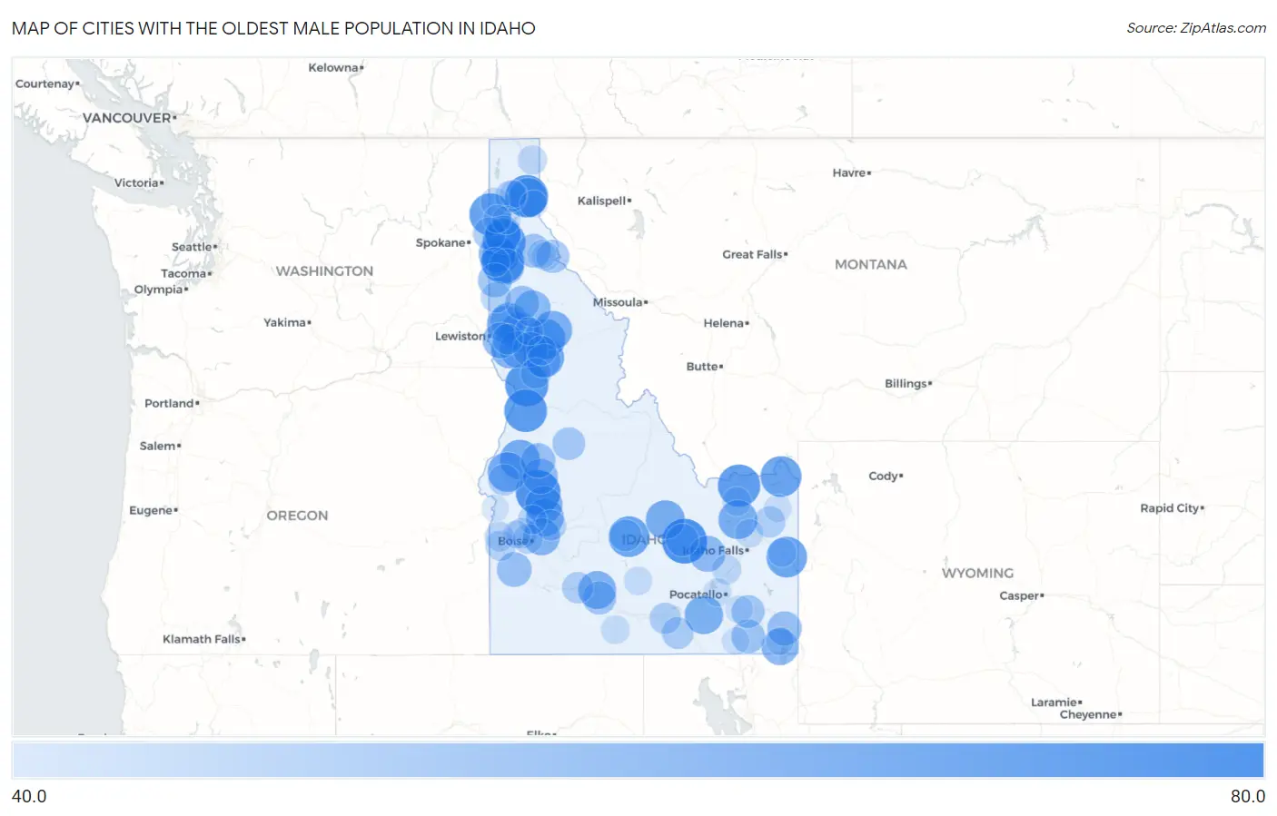 Cities with the Oldest Male Population in Idaho Map