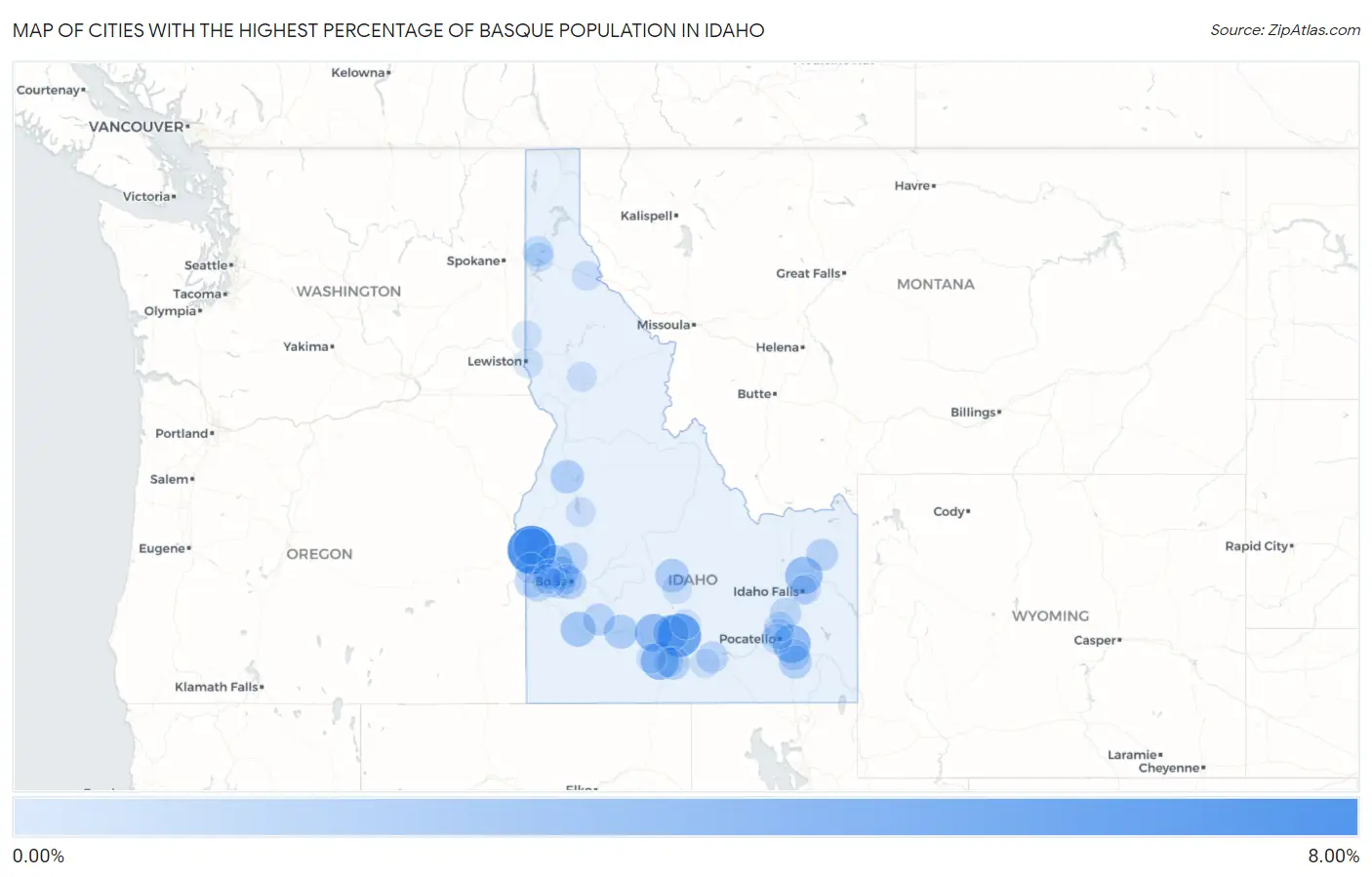Cities with the Highest Percentage of Basque Population in Idaho Map