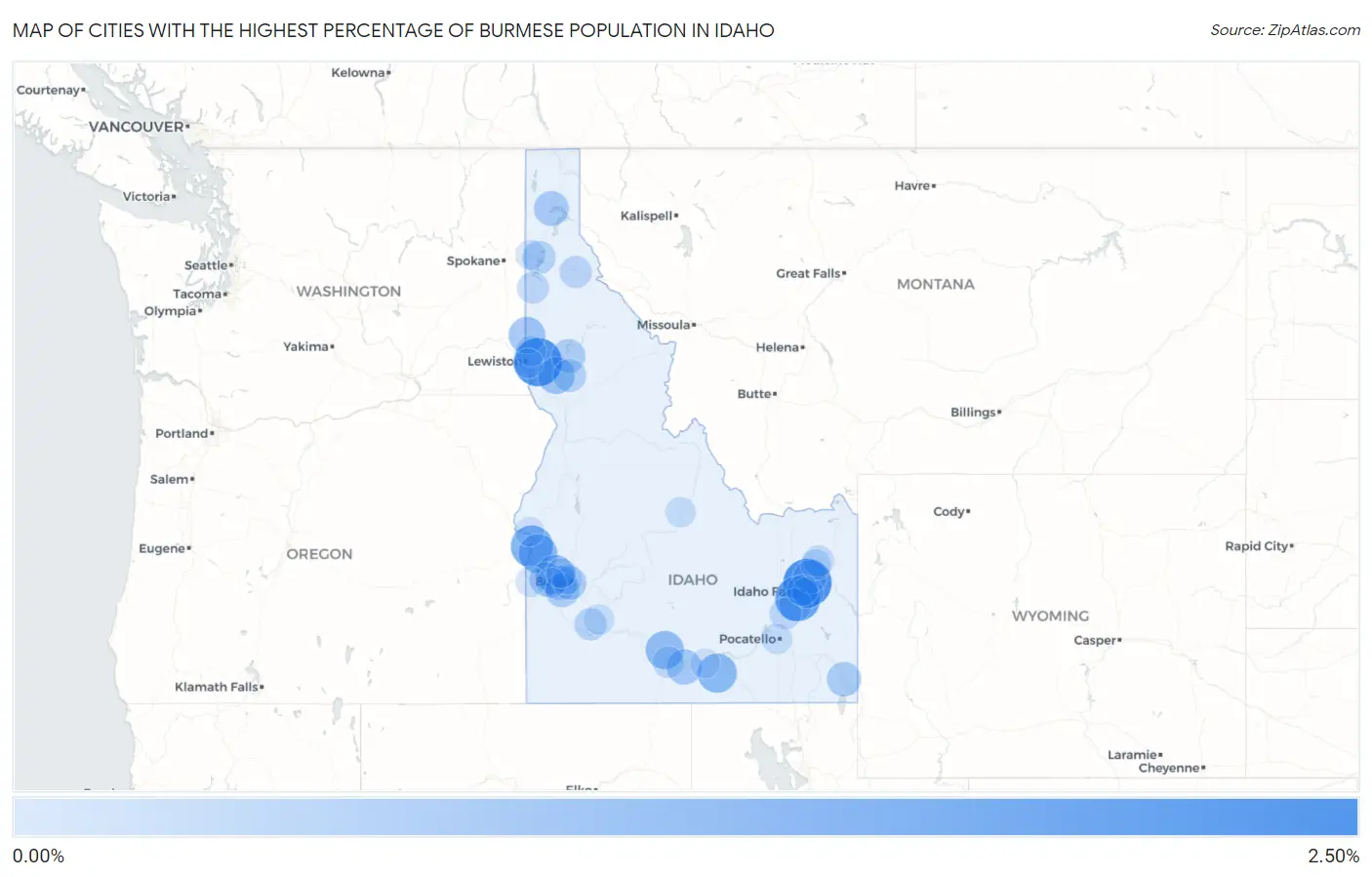 Cities with the Highest Percentage of Burmese Population in Idaho Map