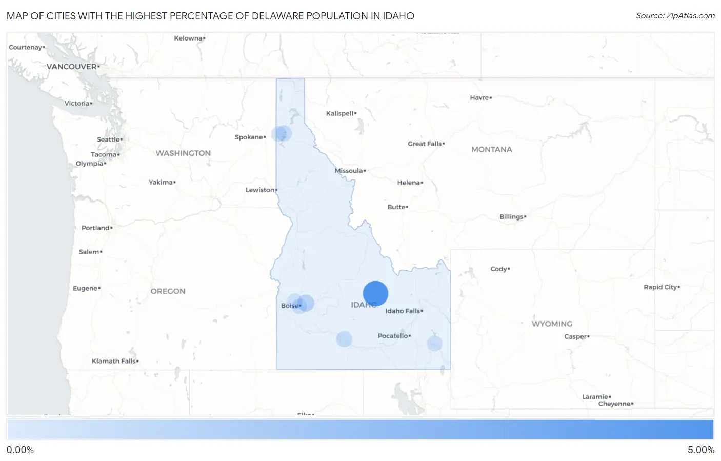 Cities with the Highest Percentage of Delaware Population in Idaho Map